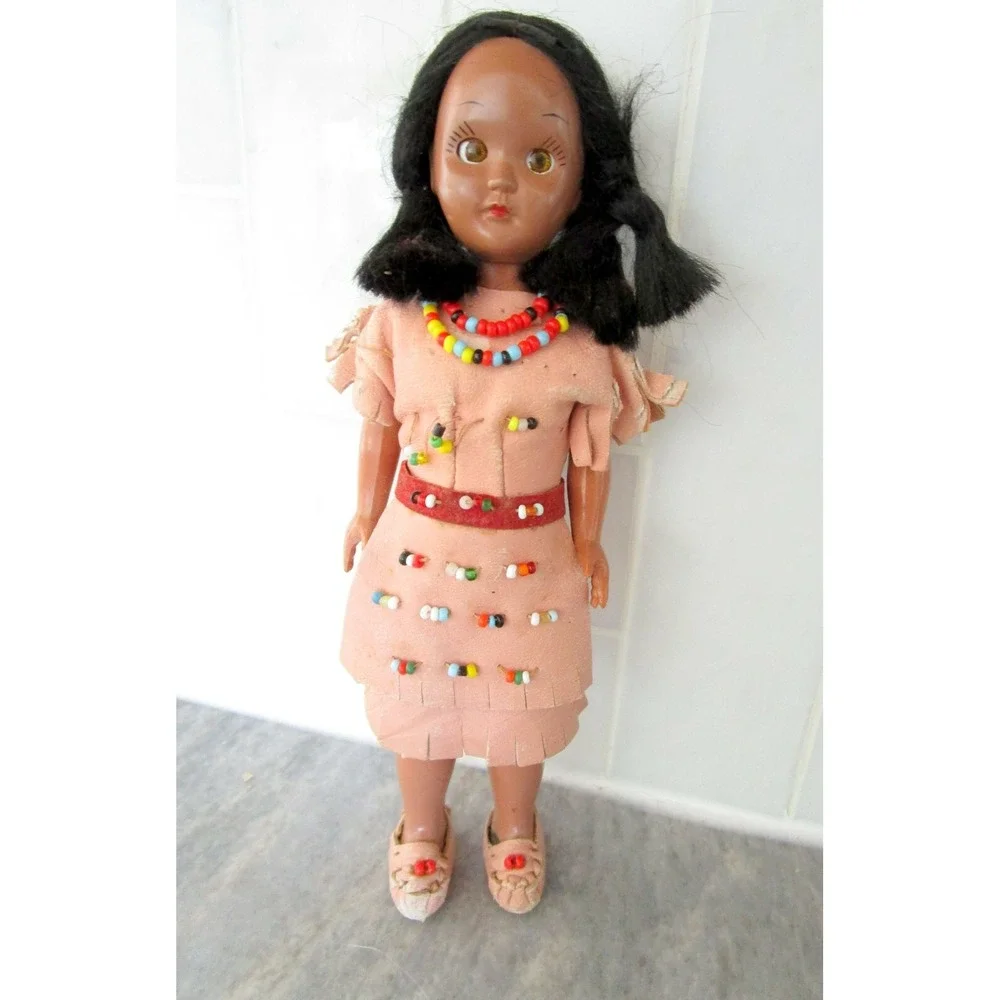 American Indian Girl Vintage Doll with Sleep Eyes Beading Moccasins Marked 7A